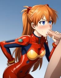 1boy 1girls ai_generated asuka_langley_sohryu blowjob blue_eyes cum cum_in_mouth fellatio female ginger neon_genesis_evangelion oral orange_hair penis redhead shiroppo skinny slim twintails