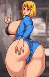 1girls alternate_version_available ass big_ass big_breasts black_bra black_eyes blonde_hair blue_leotard bra breasts clothing fallout female female_only hair hand_on_ass huge_ass huge_breasts jmg leotard looking_back mob_face open_clothes pussy short_hair solo solo_female sweat sweatdrop thick_thighs thighs thumbs_up vault_girl wet wet_pussy