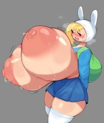 1girls 2024 adventure_time alternate_breast_size arms_behind_back ass backpack big_ass big_breasts black_eyes blonde_hair blue_clothing blue_shirt blue_skirt blush bottomwear breasts breasts_bigger_than_head bulumble-bee busty cartoon_network clothed clothed_female clothes clothing curvaceous curvy embarrassed fake_animal_ears female fionna_the_human_girl front_view fully_clothed gigantic_breasts grey_background hair hands_behind_back hat headwear hi_res highres huge_breasts human hyper_breasts large_ass large_breasts legs_together legwear light-skinned_female light_skin long_hair looking_at_breasts microskirt miniskirt nipple_bulge nipples open_mouth shirt side_view simple_background skindentation skirt solo standing stockings sweat sweatdrop sweating sweaty sweaty_breasts teenager thick_thighs thighhighs thighs three-quarter_portrait top_heavy topless voluptuous white_legwear wide_hips wobble wobbling_breasts