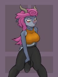 1furry 1futa 1girls absa anthro big_breasts big_penis blue_fur blush epic_omi fully_clothed furry futa_only futanari goat horns long_hair midriff pink_hair self_upload squeezing_penis tail tight_clothing yellow_eyes yoga_pants