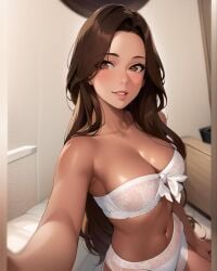 1girls ai_generated ai_mirror arm_in_front bed bedroom belly_button bikini blush brown_eyes brown_hair dresser light_skin long_hair looking_at_viewer medium_breasts selfie side_view sitting smile tied_bikini white_bikini