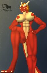 anthro big_breasts breasts dragon female frill_(anatomy) genitals head_crest head_frill hi_res horn huge_breasts ixthyria kindle_(ixthyria) looking_at_viewer low-angle_view muscular muscular_female nipples pussy red_body red_scales scales solo stepped_on