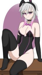 1girls breasts bunny_ears bunnysuit daikiri_di_mon fortnite fortnite:_battle_royale highwire_(fortnite) looking_at_viewer pink_eyes smiling spiked_collar stockings white_hair