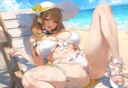 1girls abs ai_generated beach bikini blush_lines braid braided_hair brown_hair cameltoe clouds fire_emblem fire_emblem_engage fire_emblem_heroes flowers goldmary_(fire_emblem) goldmary_(summer)_(fire_emblem) hat heeled_shoes huge_breasts large_breasts looking_at_viewer nipple_bulge sand sea seaside sky solo solo_female solo_focus spread_legs sun_hat tagme tharkica thick_thighs thigh_strap toned toned_female water white_bikini white_bikini_bottom white_bikini_top white_hat yellow_eyes