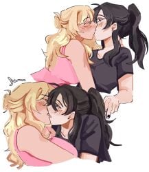 2girls amber_eyes black_hair black_shirt blonde_hair blush class_of_'09 closed_eyes cute dark_eyes jecka_(class_of_'09) jeckole juujjuli kissing nicole_(class_of_'09) pink_shirt toxic white_girl yuri