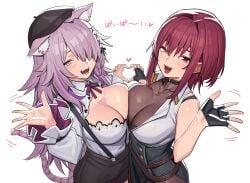 2girls :3 ahoge animal_ears beret bodystocking breasts cat_ears cat_girl cat_tail cleavage cleavage_cutout clothing_cutout collared_shirt fingerless_gloves gloves gold_necklace hair_ornament hat heart heart_hands heart_hands_duo heart_necklace heart_on_chest heterochromia highres hololive hololive_fantasy hololive_gamers hololive_japan houshou_marine houshou_marine_(6th_costume) jewelry large_breasts motion_lines multiple_girls necklace nekomata_okayu nekomata_okayu_(wonderland) official_alternate_costume open_mouth orange_eyes purple_eyes red_eyes shirt skirt sleeveless sleeveless_shirt suspender_skirt suspenders tail tenchisouha translated virtual_youtuber white_background white_shirt x_hair_ornament