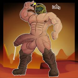 1boy balls bara big_boy big_penis dick doom doom_slayer_(doom) doomguy genital_fluids genitals glans humanoid_genitalia humanoid_penis luxury_ar male male_only muscular muscular_male partially_retracted_foreskin penis precum scar soldier vein veiny_penis