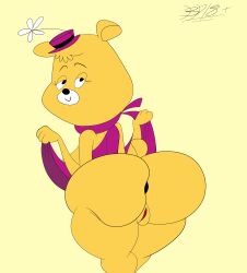 anthro anus bear big_ass big_butt blastprocessing16 cartoony eyelashes floral_rugg hanna-barbera hat hi_res mammal scarf showing_ass smile tail the_hillbilly_bears vagina yellow_fur