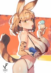 1girls animal_ear animal_ears animal_tail bare_belly bare_shoulder bare_shoulders bare_stomach big_breasts bikini black_pupils breasts cat_ears cat_girl cat_humanoid catgirl ears eipelppa eyebrows_visible_through_hair female female_humanoid female_only huge_breast humanoid humanoid_hands ice_cream iepelppa iparuputsua ipelppa kemono_friends large_breasts massive_breasts open_mouth serval serval_(kemono_friends) serval_ears serval_humanoid striped_tail tail tongue tongue_out woman yellow_eye yellow_eyes yellow_eyes_female