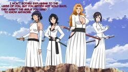 4girls bleach cleavage corruption enemy_conversion english_text erect_nipples expressionless female female_only hinamori_momo hypnosis kuchiki_rukia matsumoto_rangiku mind_control multiple_girls soifon text