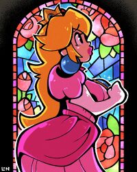 1girls blonde_hair blue_eyes coat legendofnerd mario_(series) princess_peach solo stained_glass super_mario_odyssey