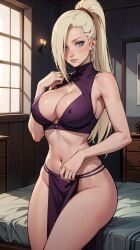 1girls adapted_costume ai_generated bed bedroom big_breasts blonde_hair blue_eyes boruto:_naruto_next_generations breasts center_opening crop_top curvaceous curvy curvy_female curvy_figure erect_nipples erect_nipples_under_clothes female female_only hair_over_one_eye hourglass_figure huge_breasts ino_yamanaka large_breasts legs_together light-skinned_female light_skin lipstick makeup mature mature_female midriff milf nai_diffusion naruto naruto:_the_last naruto_(series) naruto_shippuden no_panties no_panties_under_skirt on_bed partially_clothed sagging_breasts shirt sitting sitting_on_bed skimpy skimpy_clothes skirt sleeveless sleeveless_shirt solo solo_focus stable_diffusion thecraftninja thick_thighs thighs very_long_hair wide_hips