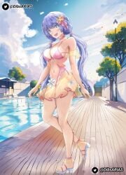 2d 2d_(artwork) belly belly_button big_breasts bikini blush breasts date_a_live dibs_arias female_only flower grey_eyes grey_hair high_heels izayoi_miku light-skinned_female long_hair pool smile solo solo_female thighs tree trees