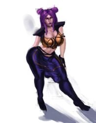 1futa balls big_breasts breasts bulge bulge_through_clothing clothed clothing dickgirl erection erection_under_clothes fully_clothed futa_only futanari huge_cock human hung_futanari k/da_kai'sa k/da_series kai'sa latex latex_legwear league_of_legends light-skinned_futanari light_skin looking_at_viewer paintman penis purple_eyes purple_hair solo solo_futa standing thick_thighs