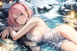 1girls ai_generated almost_naked arm_support bare_chest bare_legs bare_shoulders bare_thighs barely_clothed big_breasts boruto:_naruto_next_generations breasts cleavage curvaceous curvy curvy_female curvy_figure female female_only green_eyes hot_spring legs_together light-skinned_female light_skin looking_at_viewer lying lying_on_side mature mature_female milf mostly_nude nai_diffusion naked_towel naruto naruto_(series) oktavios onsen outdoors pale-skinned_female pale_skin partially_submerged pink_hair sakura_haruno solo solo_focus stable_diffusion thick_thighs thighs towel towel_only water white_skin white_towel wide_hips