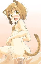 animal_ears ass bikini blush brown_hair cat_ears cum cute_fang face female leopard_print leopard_tail looking_back open_mouth original sex short_hair swimsuit tail tear uncensored yellow_eyes yudepii