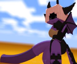 1futa 3d anilem_(mjbt) anthro balls black_body black_clothing black_horn black_horns black_markings black_mask breasts dragon futa_only futanari horse_penis horsecock horsecock_futanari humanoid_penis long_penis long_tail melinajbt minecraft penis purple_body purple_skin purple_wings salmon_hair simple_background solo tagme tail tail_markings