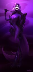 absurd_res anthro avian avian_demon bird chromaticmood demon erection fan_character feathers helluva_boss hi_res holding_object looking_at_viewer male owl owl_demon pink_eyes purple_background purple_body purple_eyes purple_feathers seductive simple_background solo standing tagme