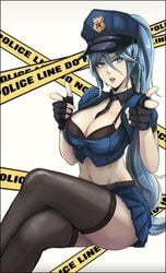 alternate_costume aqua_hair belt big_breasts black_bra black_thighhighs black_tie blue_eyes blue_skirt breasts cleavage large_breasts league_of_legends long_hair mini_skirt navel pointing_at_viewer police_costume police_hat ponytail short_skirt sona_buvelle thighhighs tie tied_hair