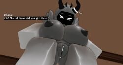 1girls 3d anus below_view big_breasts big_thighs black_horns dominus english_text female lampshaderr34 nipples nude pov pussy roblox robloxian surprised text white_anus white_body white_eyes white_pussy white_skin