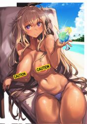 1girls bare_arms bare_belly bare_breasts bare_hands bare_shoulder bare_shoulders bare_stomach bare_thighs big_breasts bikini blue_sky breasts cloud clouds cloudy_sky drink eyebrows_visible_through_hair female female_only hair_between_eyes hourglass_figure huge_breast iparuputsua large_breasts lemon long_hair long_hair_female massive_breasts navel nipples no_bra only_female palm_tree palm_trees palms panties panties_only pointy_chin purple_panties sky straw thick_thighs thighs topless topless_female tree woman