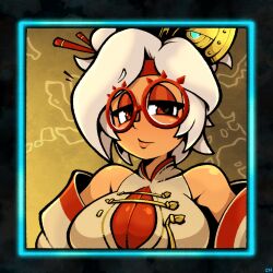 bare_arms bare_shoulders breasts coat eyeshadow eyewear_on_head female glasses hair_bun hair_ornament hair_stick headband highres large_breasts legendofnerd looking_at_viewer makeup purah red-framed_eyewear red_eyes red_eyeshadow red_headband round_eyewear sheikah short_hair solo tears_of_the_kingdom the_legend_of_zelda white_hair