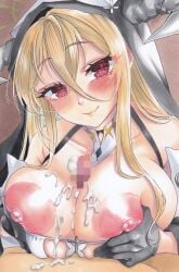 1boy 1girls areolae azur_lane black_gloves blonde_hair breasts censored cum cum_on_breasts eyebrows_visible_through_hair gloves huge_breasts implacable_(azur_lane) light-skinned_female light-skinned_male light_skin looking_at_viewer male_pov mosaic_censoring nipples nun nun_outfit paizuri penis pov red_eyes royal_navy_(azur_lane) smile uhouhosoiya_go