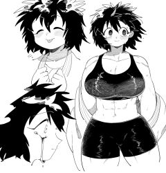 big_breasts bleeding_eyes blush bra cleavage crying crying_blood dgz_0 dougi female female_only genderswap_(mtf) gym_clothes gym_shorts hayami_masaki kengan_(series) kengan_omega martial_arts_uniform monochrome muscular muscular_female rule_63 short_hair shorts smile solo sports_bra sweat tears wide_hips