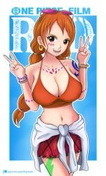 big_breasts black_eyes bodypaint bra cute face_paint female female_only happy hiyozuki looking_at_viewer nami one_piece one_piece_film_red orange_hair peace_sign post-timeskip skirt smile smiling smiling_at_viewer standing