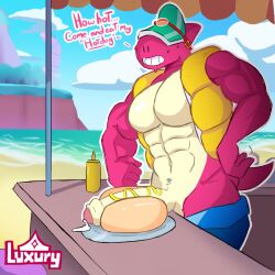 1boy anthro anthro_only artist_name bara beach big_muscles big_penis brawl_stars bread covered_eyes detailed_background dinosaur doug_(brawl_stars) food food_stand gay luxury_ar male male_only muscular muscular_male mustard pink_body sausage shorts shorts_down smile sweat text water workout