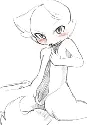 1boy balls blush canine fox hindpaw kneeling male male_only monochrome necktie raijin_(artist) sketch solo