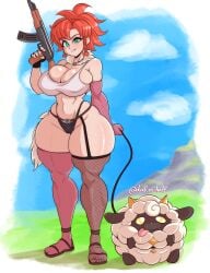 ak-47 ass big_ass big_breasts big_thighs biting_lip breasts collar daf_n_half dog_collar female fishnets gigantic_ass gloves green_eyes gun holding_gun huge_ass huge_breasts huge_thighs lamball leash looking_at_viewer multicolored_eyes nature_background orange_hair pal_(species) pal_tamer palworld red_hair sheep stockings thick_hips thick_thighs thighhighs thighs yellow_eyes