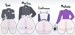 2boys 2girls ass_comparison ass_size_chart behind_view bottomless double_peace_sign from_behind guillaume_hall junior_art_ makoto_kagutsuchi martina_electro mask master_detective_archives:_rain_code yomi_hellsmile