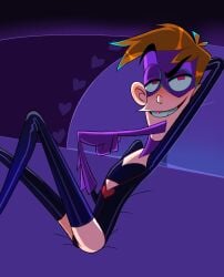 aged_up bedroom_eyes blush bodysuit brown_hair buckteeth cowlick crossdressing fanboy_and_chum_chum gloves latex_suit nickelodeon nicktoons pink_eyes purple_mask sex_club thighhigh_boots white_skin