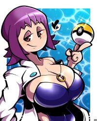 1girls huge_breasts labcoat large_breasts legendofnerd nintendo philena_ivy pokemon professor_ivy_(pokemon_anime) purple_eyes purple_hair solo swimsuit