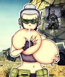 1girls angelindieart14 background black_gloves breasts call_of_duty call_of_duty_mobile cod_mobile female gloves green_glasses headphones lactation milk signature siren_(cod) sucking_nipples tied_hair white_hair white_hair_female