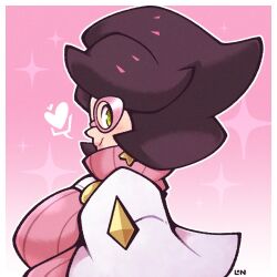 artist_logo big_hair breasts buttons capelet female glasses green_eyes highres large_breasts legendofnerd long_sleeves pink-framed_eyewear pink_background pink_sweater pokemon pokemon_sm purple_hair ribbed_sweater solo sweater turtleneck turtleneck_sweater upper_body white_capelet wicke_(pokemon)