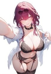 1girls ai_generated belly_button big_breasts blush blushing bra choker eyewear_on_head female female_focus female_only garter_belt garter_straps honkai:_star_rail hoyoverse kafka_(honkai:_star_rail) large_breasts lingerie lingerie_only long_hair looking_at_viewer open_shirt panties purple_eyes purple_hair selfie selfie_pose setsuaiart slim_waist smiling_at_viewer stockings thick_thighs thigh_highs thighhighs underwear wide_hips