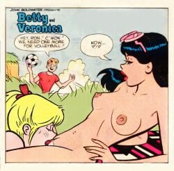 1boy 2girls archie_andrews archie_comics areolae betty_and_veronica betty_cooper breasts cunnilingus english_text female human male navel nipples nude nude_female oral outdoors pale_skin pussy sex speech_bubble tagme text veronica_lodge yuri