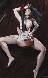 1female 1woman 3d 3d_(artwork) 3d_model black_hair erect_nipples fellatio female female_focus female_human female_only guitar oc original original_character original_female_character pale-skinned_female pale_skin red_lipstick solo solo_female solo_focus tattooed_female tattoos vitergo3d