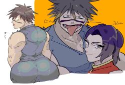 2boys ass big_ass brown_hair dgz_0 facial_mark facial_tattoo fully_clothed huge_ass kengan_(series) kengan_ashura looking_back male male_only martial_arts_uniform meguro_masaki muscular muscular_male nikaido_ren smile tongue_out wide_hips