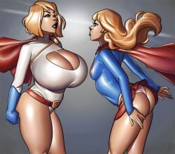 2girls big_ass big_breasts big_butt blonde_hair breast_envy breast_size_difference cleavage cleavage_cutout dc dc_comics female female_focus female_only huge_breasts kara_danvers kara_zor-el kara_zor-l karen_starr light-skinned_female light_skin long_hair multiple_girls ph power_girl skirt_up supergirl superheroine superman_(series) thick_thighs