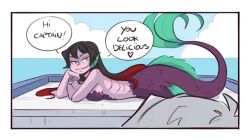 1female 1girls amber_eyes bare_arms bare_back bare_midriff bare_shoulders belly_button black_hair comic comic_panel female fins fish_ear fish_girl fish_tail gills green_fin long_hair mermaid mermaid_girl mermaid_tail midriff navel oc original_character pink_skin purple_bra purple_tail red_highlights smile smiley_face smiling tail_fin tailfin text text_box text_bubble