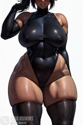 1girls ai_generated bleach bleach:_the_thousand-year_blood_war dark-skinned_female dark_skin daulawkins elbow_gloves large_breasts leotard nipple_bulge purple_hair shihouin_yoruichi smile solo stable_diffusion standing thick thick_thighs thighhighs thighs voluptuous yellow_eyes