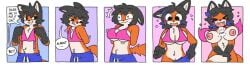 >_< 2023 anthro areola belly_tuft bet black_hair blue_highlights breast_growth breasts canid canine chest_tuft closed_eyes clothing countershading digital_drawing_(artwork) digital_media_(artwork) domi_(dominicdeerfox) emanata female fletcher_fox fox fur gender_transformation genitals growth hair hi_res highlights_(coloring) linear_sequence male mammal markings mtf_transformation nipples open_mouth orange_body orange_fur pink_highlights popstick pussy red_fox snap solo sweat_emanata tagme tongue tongue_out transformation transformation_sequence transformative_clothing tuft undressing wardrobe_malfunction whisker_markings
