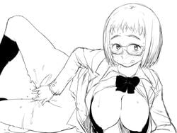 blush breasts female fingering glasses kiseijuu large_breasts parasyte_the_maxim pussy_juice school_uniform socks tachikawa_yuuko white_background