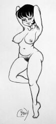 1girls artist_name artist_signature chubby_female closed_eyes dark_hair female female_focus female_only hairy_armpits hairy_pussy jucika nude_female sketch solo_female traditional_art