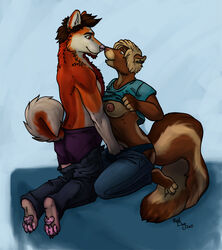 anthro breasts canine couple eye_contact female fur furry interspecies kappy_(character) leon_aokee looking_at_another male piercing red_dog skunk straight undressing