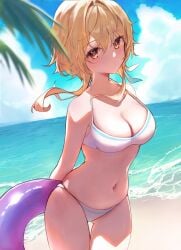 1girls arms_behind_back beach bikini blonde_hair cleavage clouds day female female_focus female_only float front_view genshin_impact highres holding_object hourglass_figure hoyoverse light-skinned_female light_skin looking_at_viewer lumine_(genshin_impact) ocean palm_tree short_hair solo solo_female standing standing_on_beach summer swimsuit thong thong_bikini yellow_eyes