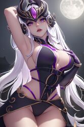 absurd_res absurdres ai_generated arm_up armpits black_gloves black_leotard breasts cleavage cowboy_shot ear_protection elbow_gloves female full_moon gloves hand_on_own_chest hi_res highleg highleg_leotard highres large_breasts league_of_legends league_of_legends:_wild_rift leotard lips long_hair looking_at_viewer moon night night_sky parted_lips purple_eyes ree0 riot_games sideboob sky solo syndra very_long_hair white_hair